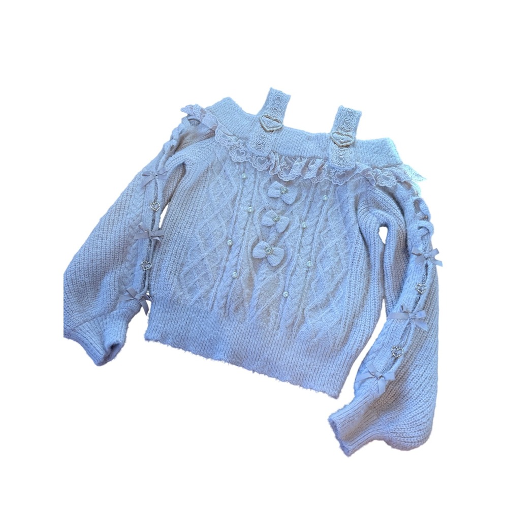 NWT Liz Lisa Cable Knit Cold Shoulder Lace Bows Sweater Coquette Jfashion Japan